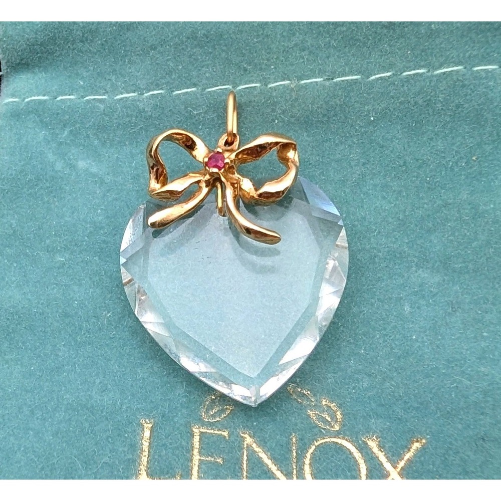 Lenox Crystal Heart Pendant Gold Over Sterling Ruby Bow Accent Vintage COA